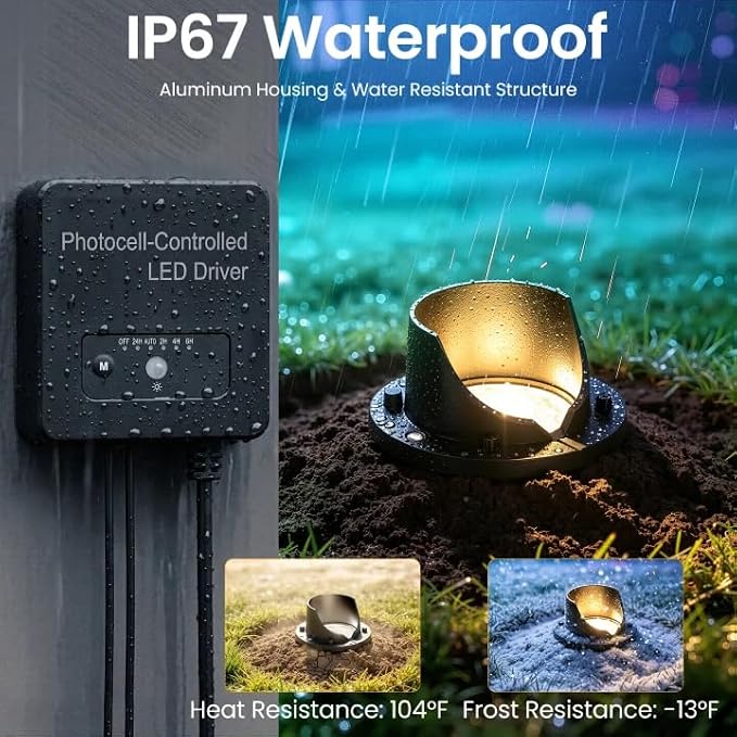 Low Voltage Landscape Lighting Kit, Well Lights with 144W Transformer & Wires, 5CCT In-ground Lights IP67 Waterproof 12-24V AC/DC Outdoor Path Lights for Garden Yard, 12 Pack