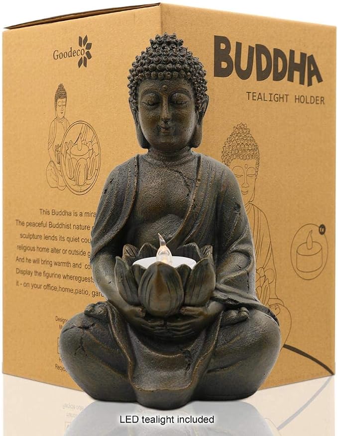 Goodeco Meditation Small Buddha Statue Figurine -Buddha with LED Tea Lights Candle Holder,Gift idea,Zen Home Decor Meditation Accessories 8"