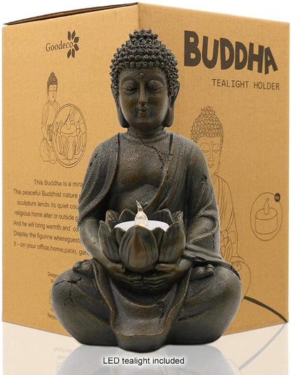 Goodeco Meditation Small Buddha Statue Figurine -Buddha with LED Tea Lights Candle Holder,Gift idea,Zen Home Decor Meditation Accessories 8"