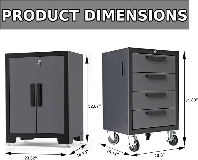 Torin Garage Cabinets Storage System, 9-Pcs Workshop Cabinet Set in Black | Included Steel Drawers Rolling Chest,Locked Storage Cabinet, Perfect for Organizing Garage and Tools, Black/Grey