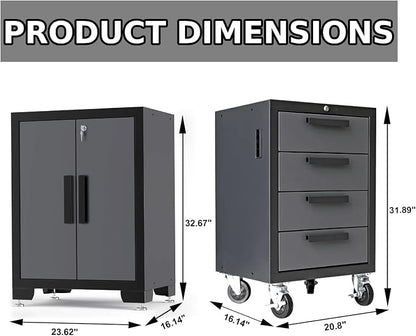 Torin Garage Cabinets Storage System, 9-Pcs Workshop Cabinet Set in Black | Included Steel Drawers Rolling Chest,Locked Storage Cabinet, Perfect for Organizing Garage and Tools, Black/Grey