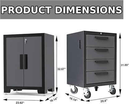 Big RED Garage Cabinets Storage System, 9 Piece Included Steel Drawers Rolling Chest,Locked Storage Cabinet, Perfect for Organizing Garage and Tools, Black/Grey