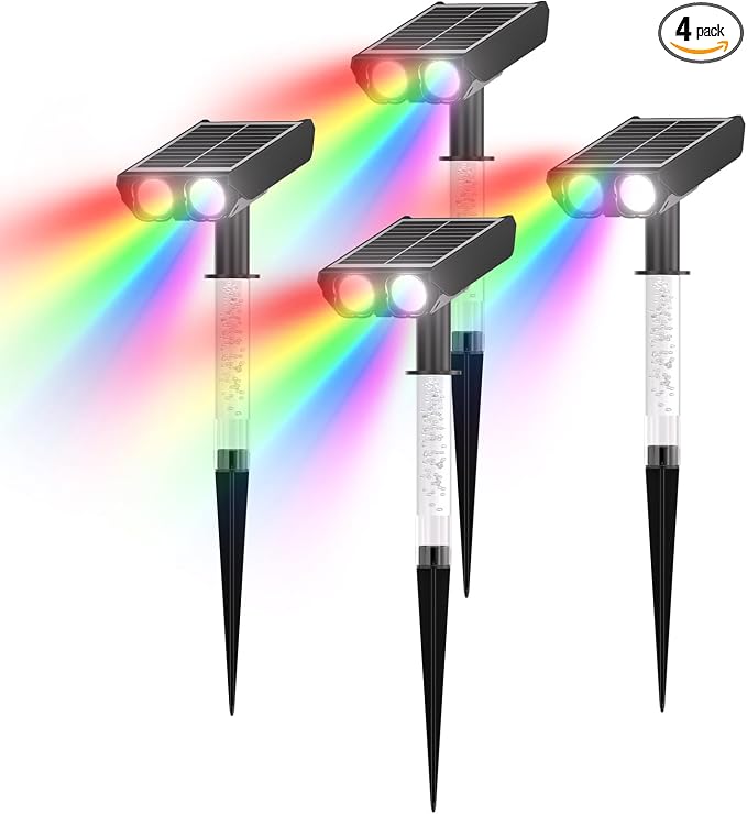 RGB Solar Spot Lights : 2 IN 1 Solar Lights Outdoor with 8 Lighting Modes & PC Light Guide Column for Tree Garden Yard Pathway | RGB Color Changing Landscape Lights | IP65 Waterproof | 4 Pack