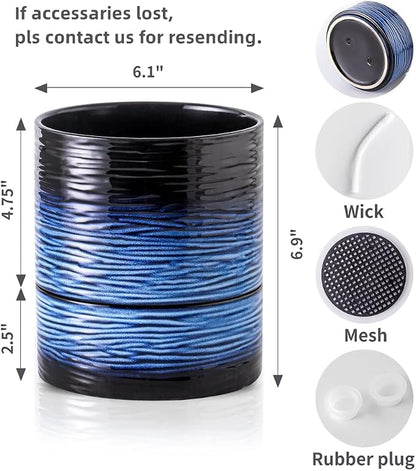 Nihow Ceramic Self Watering Plant Pot for Indoor Plants, 6 Inch,Blue | Planter with Cotton Wick, Drainage Hole & Water Storage Plus, Cylinder Round Flower Pot, For Succulent/Herbs/Violets