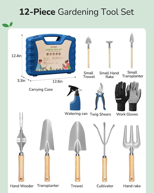 Grenebo 12-Piece Gardening Tool Set for Men, Rust-Proof & Heavy-Duty Hand Garden Tools with Sturdy Blue Carrying Case, Practical & Stylish Gardening Gifts for Men (Blue)