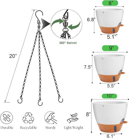 Heybe 3 Pack Self Watering Hanging Planters with Swivel Hanging Chains 20 Inches, 10/9/8 Inch Pots for Indoor Outdoor Plants, White