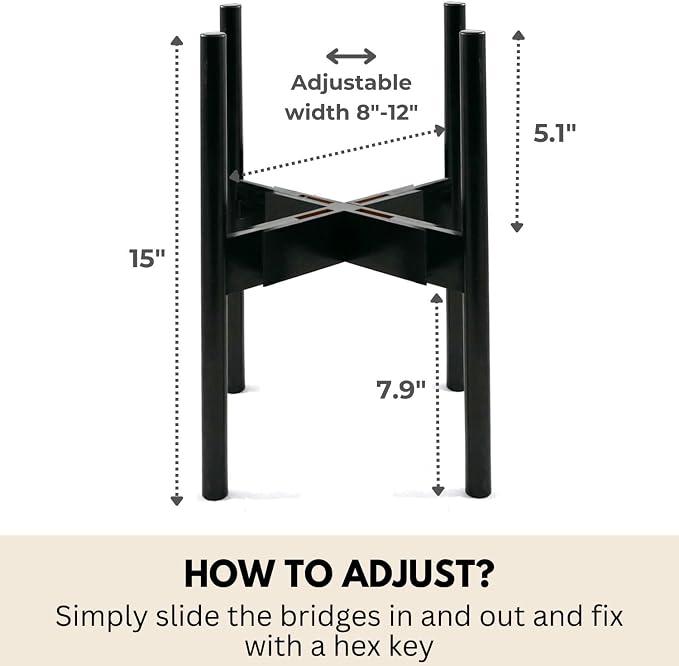 Fox & Fern Adjustable Plant Stand Indoor — 8 to 12 Inch Premium Mid Century Bamboo Plant Stand with Adjustable Width; Plug In Design; Easy to Assemble; Two Heights - For 8, 9, 10, 11 & 12 Inch Pots