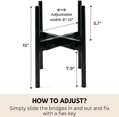 Fox & Fern Adjustable Plant Stand Indoor — 8 to 12 Inch Premium Mid Century Bamboo Plant Stand with Adjustable Width; Plug In Design; Easy to Assemble; Two Heights - For 8, 9, 10, 11 & 12 Inch Pots