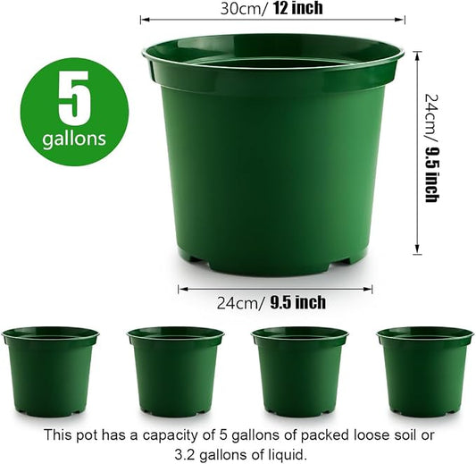 RooTrimmer 5 Gallon 12 Inch Plastic Nursery Pots, Plant Containers with Drainage Holes, Round Sturdy Garden Planters for Indoor/Outdoor Greenery, Gardening Gifts for Women (5-Pack, Green)