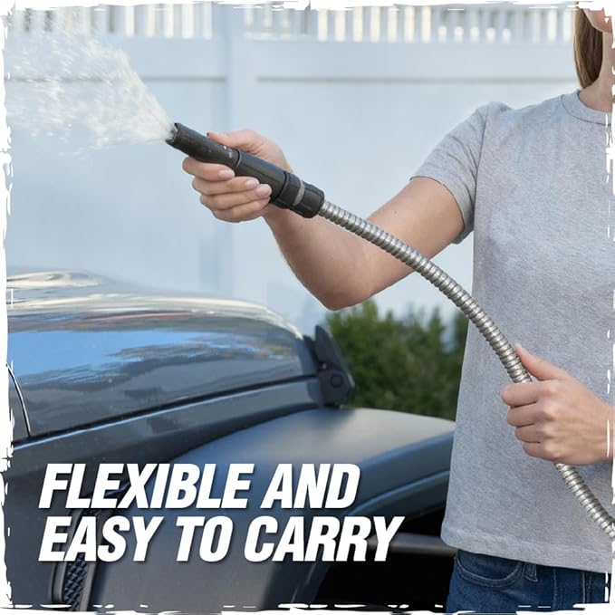 RUGGED RHINO Metal Garden Hose with Spray Nozzle, 304 Stainless Steel, 750 PSI Burst Strength, Heavy Duty Flexible Water Hose, Kink Resistant, Leakproof for Yard, Lawn and Outdoor Use, Silver 25FT