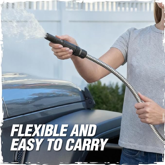 RUGGED RHINO Metal Garden Hose with Spray Nozzle, 75FT, 304 Stainless Steel, 750 PSI Burst Strength, Heavy Duty Flexible Water Hose, Kink Resistant, Leakproof for Yard, Lawn and Outdoor Use, Silver
