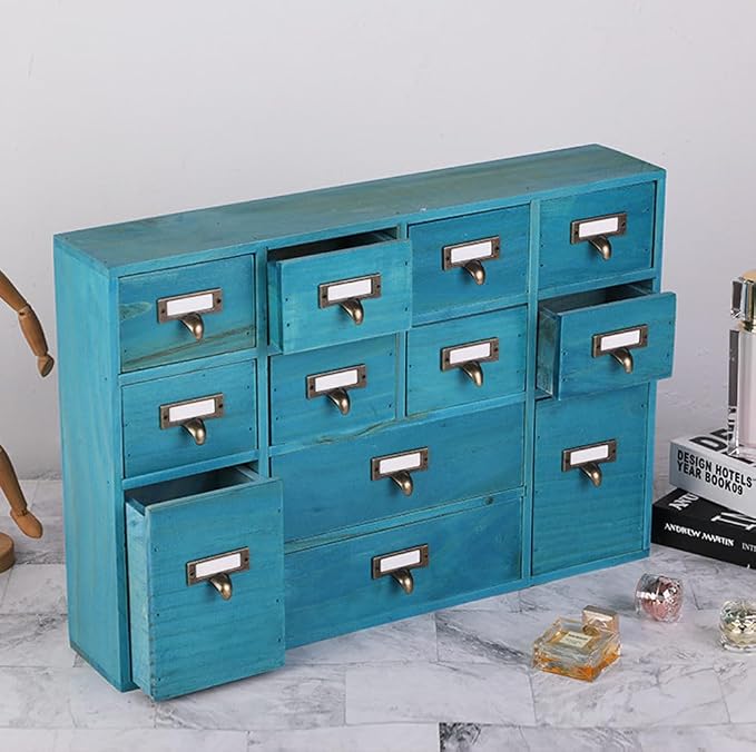Apothecary Drawers Apothecary Cabinet with Drawers, Blue | 12 Drawer Library Card Catalog, Wooden Storage Box, Wooden Desktop Organizer with Metal Handles-Fulled Assembled