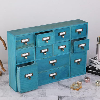 Apothecary Drawers Apothecary Cabinet with Drawers, Blue | 12 Drawer Library Card Catalog, Wooden Storage Box, Wooden Desktop Organizer with Metal Handles-Fulled Assembled