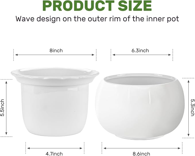 African Violet Pots, 8 Inch Self Watering Pots, Easy Plant Self Watering Pot, Ceramic Plant Pot with Absorbent Inner Pot for Flowers, Flower Pot Indoor - White