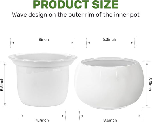 African Violet Pots, 8 Inch Self Watering Pots, Easy Plant Self Watering Pot, Ceramic Plant Pot with Absorbent Inner Pot for Flowers, Flower Pot Indoor - White