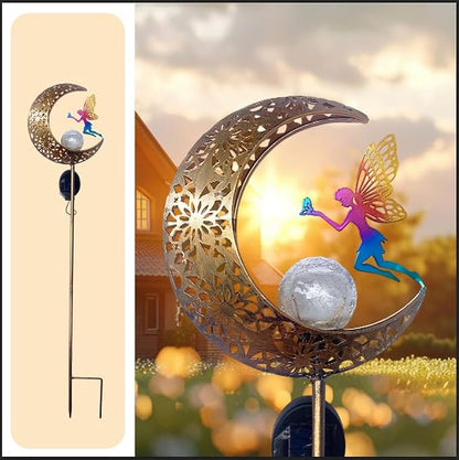 Waterproof Solar Moon Fairy Crackle Glass Lights, Metal Stake for Yard Patio Lawn Pathway Decor
