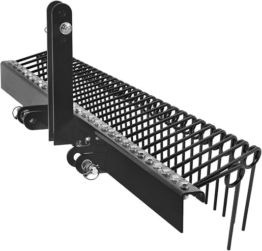 60 Inch Pine Straw Rake, 26 Coil Spring Tines Durable Powder Coated Steel Tow Behind Landscape Rake with 3 Point Hitch Receiver Attachment Fit to Cat0 Cat 1 Tractors for Leaves Grass,Black
