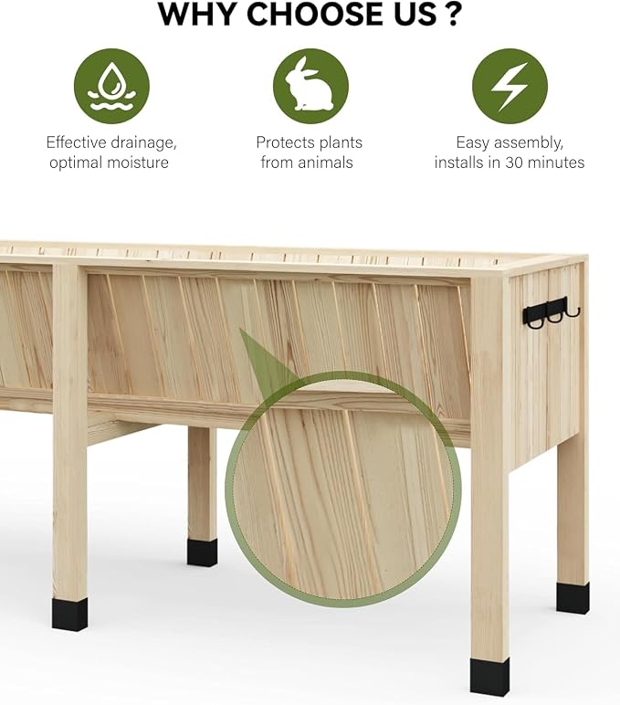 KYBOLT 45x23x30 Inch Raised Garden Bed with Legs, 13.7In Depth Wooden Planter Box for Outdoor Growing Vegetables and Herbs, Elevated Garden Bed with Hooks for Backyard, Patio, Balcony