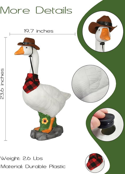 LarpGears Premium Adjustable Large Porch Goose Statue – 23” Realistic Hollow Plastic Garden Goose with Removable Cowboy Hat & Bandana, Stone Base with Sand-Fillable Design for Outdoor Stability