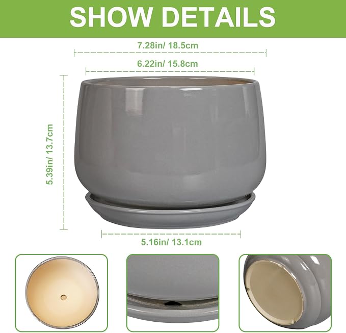 G EPGardening Ceramic Planter 7 Inch, Round, Modern, Grey | with Drainage, Ceramic Tray Included, Indoor Use, Flower & Home Decor