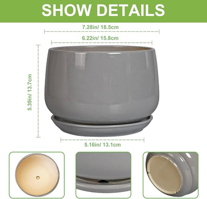 G EPGardening Ceramic Planter 7 Inch, Round, Modern, Grey | with Drainage, Ceramic Tray Included, Indoor Use, Flower & Home Decor