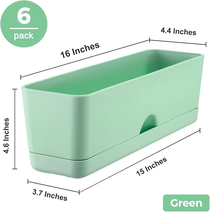 6 Pack Rectangle Planter 16x4.4 Inch Window Boxes Planters Rectangular Window Sill Planters Indoor Self Watering Plant Pots with Drainage Holes and Saucers Succulent Herb Flower Pots, Green