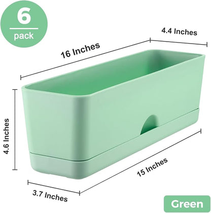 6 Pack Rectangle Planter 16x4.4 Inch Window Boxes Planters Rectangular Window Sill Planters Indoor Self Watering Plant Pots with Drainage Holes and Saucers Succulent Herb Flower Pots, Green