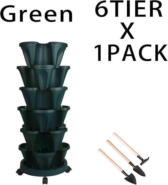 GameXcel Vertical Planter Tower - 6 Tier Stackable Garden Planters with Wheels and Tools Plant Pots for Strawberry Herb Flower and Vegetable Indoor Outdoor Use Green