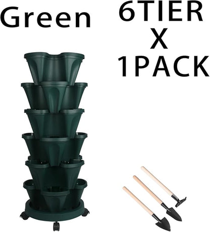 GameXcel Vertical Planter Tower - 6 Tier Stackable Garden Planters with Wheels and Tools Plant Pots for Strawberry Herb Flower and Vegetable Indoor Outdoor Use Green