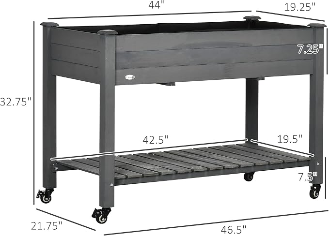 Outsunny Raised Garden Bed, 47" x 22" x 33", Elevated Wooden Planter Box w/Lockable Wheels, Storage Shelf, and Bed Liner for Backyard, Patio, Dark Gray