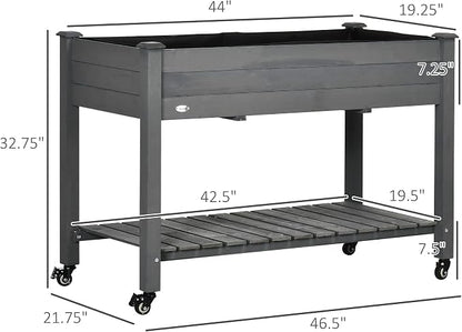 Outsunny Raised Garden Bed, 47" x 22" x 33", Elevated Wooden Planter Box w/Lockable Wheels, Storage Shelf, and Bed Liner for Backyard, Patio, Dark Gray