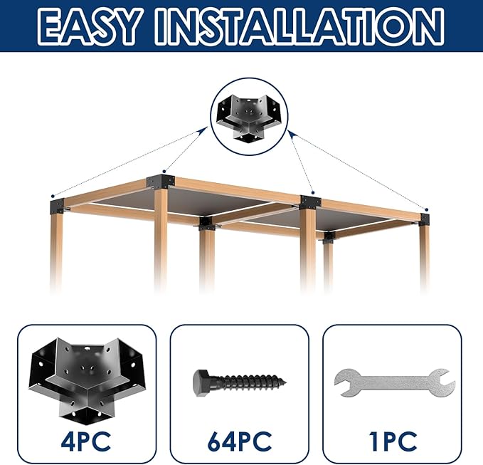 Pergola Bracket Kit 4x4(Inner 3.6"x3.6"), 4pcs 3-Way Right Angle Corner Bracket, Heavy Duty DIY Pergola Kit with Powder Coating, for Gazebos, Patio Pergolas, Log Cabin Outdoor, with Screws