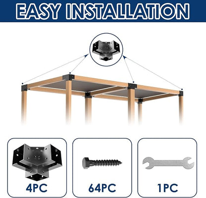 Pergola Bracket Kit 4x4(Inner 3.6"x3.6"), 4pcs 3-Way Right Angle Corner Bracket, Heavy Duty DIY Pergola Kit with Powder Coating, for Gazebos, Patio Pergolas, Log Cabin Outdoor, with Screws