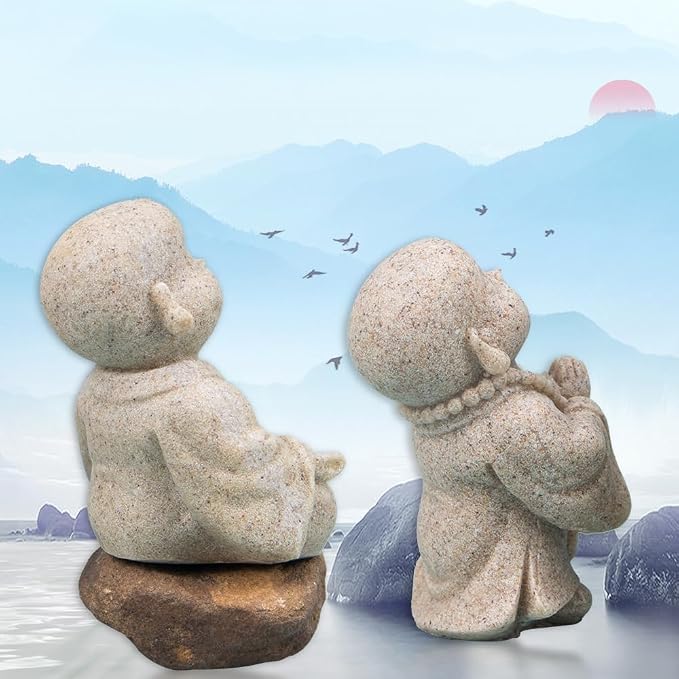ZORZA 2Pcs Cute Mini Resin Monk Zen Buddha Statue Bring Peaceful Energy | Sandstone-Style Finish,Small Decorative Reminder to Smile Meditation,Symbol of Joy Good Luck,for Desk Garden Aquarium