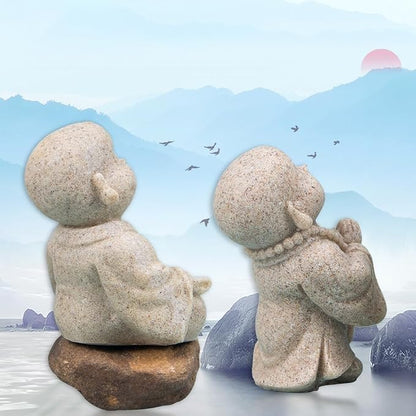 ZORZA 2Pcs Cute Mini Resin Monk Zen Buddha Statue Bring Peaceful Energy | Sandstone-Style Finish,Small Decorative Reminder to Smile Meditation,Symbol of Joy Good Luck,for Desk Garden Aquarium