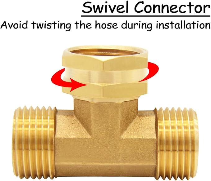 Uenede 2PCS Brass 3/4 Inch GHT Swivel Tee Pipe Fitting 3/4" GHT Male x Female x Male for Garden Hose Threaded Tube Pipe Fittings