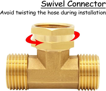 Uenede 2PCS Brass 3/4 Inch GHT Swivel Tee Pipe Fitting 3/4" GHT Male x Female x Male for Garden Hose Threaded Tube Pipe Fittings