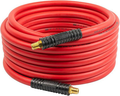 Lincoln 72N3850 50' x 3/8" ID Air/Water Hybrid Polymer Replacement Hose for 83753 Reel, 1/4" NPT Male Leak-free Brass Fittings, Kink Resistant, Meets PFAS-Free Regulations, UV Protective, Red/Black