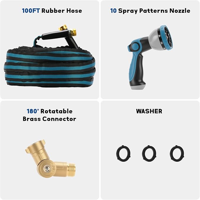 MEASUREMAN 100 FT Heavy Duty Garden Hose, Flexible Kink-Resistant Water Hose Kit with Spray Nozzle, 180° Swivel Grip & Storage Bag, 5/8-Inch Diameter