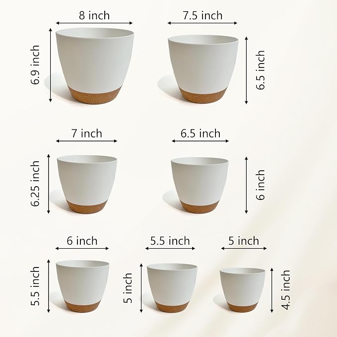 LIFFY Plant Pots, 8,7.5,7,6.5,6,5.5,5 Inch Plastic Self Watering Planters with Drainage Holes & Saucers, 7-Pack White Nursery Planting Pot with Deep Reservoir for Indoor Outdoor Plants
