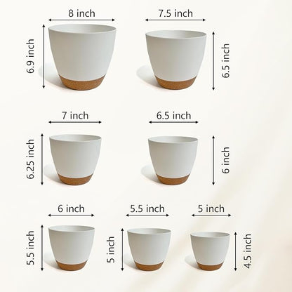 LIFFY Plant Pots, 8,7.5,7,6.5,6,5.5,5 Inch Plastic Self Watering Planters with Drainage Holes & Saucers, 7-Pack White Nursery Planting Pot with Deep Reservoir for Indoor Outdoor Plants