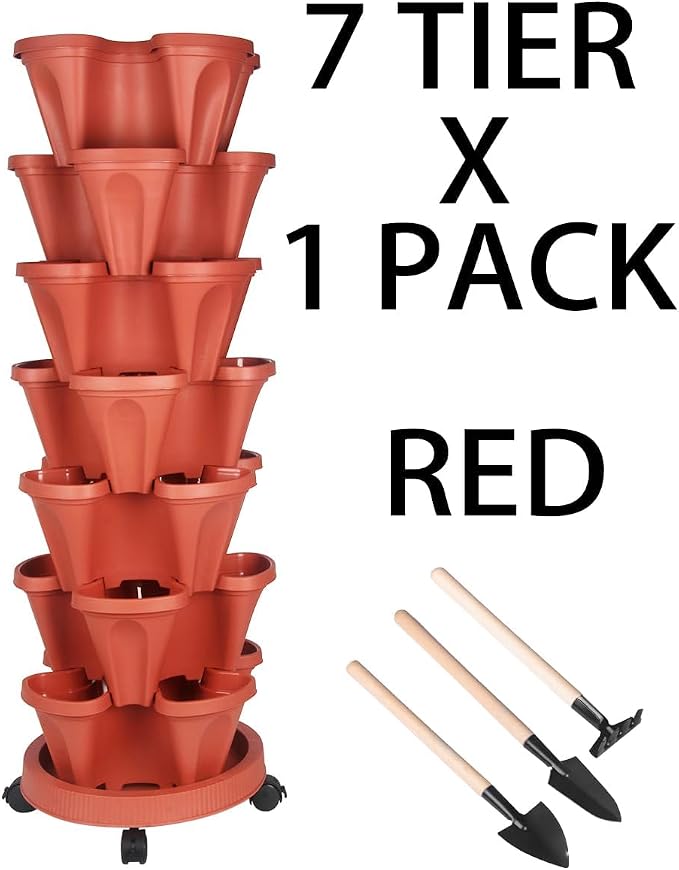 GameXcel Vertical Planter Tower - 7 Tier Stackable Garden Planters with Wheels and Tools Plant Pots for Strawberry Herb Flower and Vegetable Indoor Outdoor Use Red