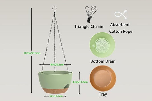 Hanging Planters 3-Pack, 8 Inch Self-Watering Hanging Pots with Drainage Hole and Chains, Plastic Planters for Indoor Outdoor（Green Brown）