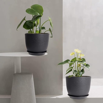 UOUZ 12/10/9 Large Modern Plant Pots, Plastic Planters with Drainage Holes and Saucers for Indoor Outdoor Plants Flowers, Black