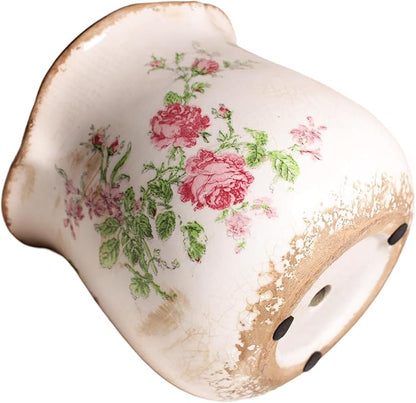 Xiaan Jiaju Shabby Chic Flower Pot, 6.11 Inch Ceramic Planter with Drainage for Indoor Plants, Vintage Ceramic Vase, Country Chic Spring Garden Home Decor, Pink Rose Floral