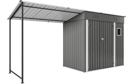 YOPTO 12x4 FT Metal Lean to Shed with Open-Sided Pergola,4x6 FT Outdoor Storage Shed & 6x4 FT Attached Hardtop Gazebo Combo,2-in-1 Durable Garden Tool Shed for Patio, Backyard, Deck,Gray