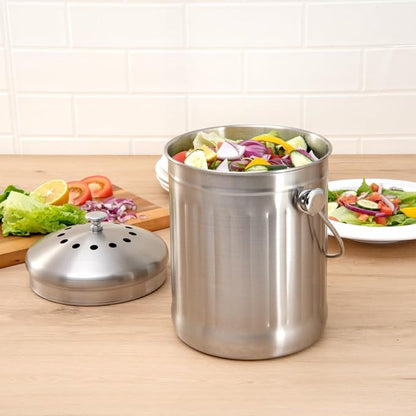 Restaurantware RW Clean 1.3 Gallon Countertop Food Waste Bin 1 Compact Food Waste Container - Avoids Rusting Airtight Lid Stainless Steel 201 Countertop Compost Bin Charcoal Filter