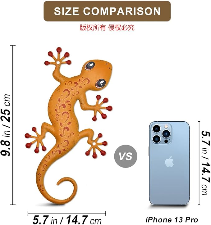 4 Pcs Metal Gecko Outdoor Decorations - Metal Wall Art Hanging Sculpture Decoration for Garden Yard Fence Porch Exterior Wall Decor