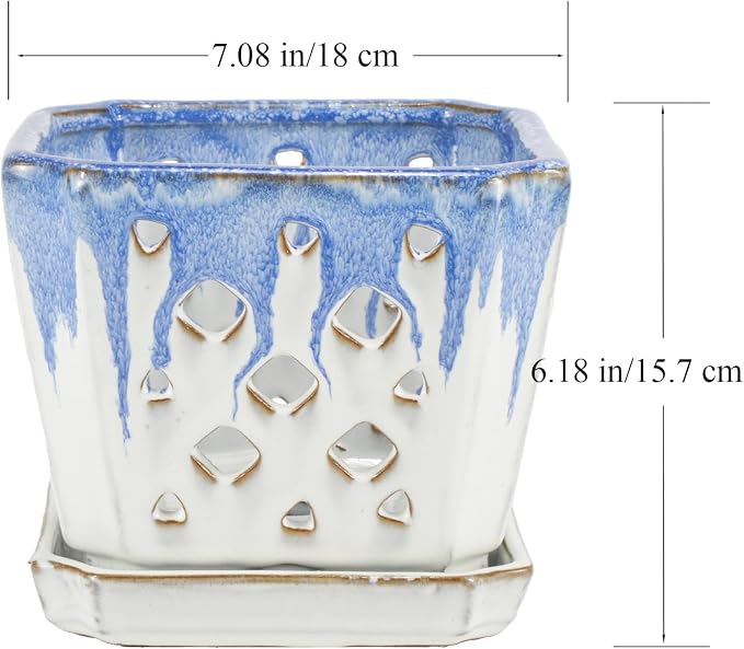 W&W Orchid Pot with Holes and Saucer for Repotting and Better Grow, Blue and White, 7"
