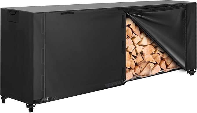 KALINCO 8FT Firewood Rack Cover, Heavy Duty 600D Waterproof Outdoor Firewood Storage Cover with Zipper and Hook Loop Tape (Log Rack not Included)